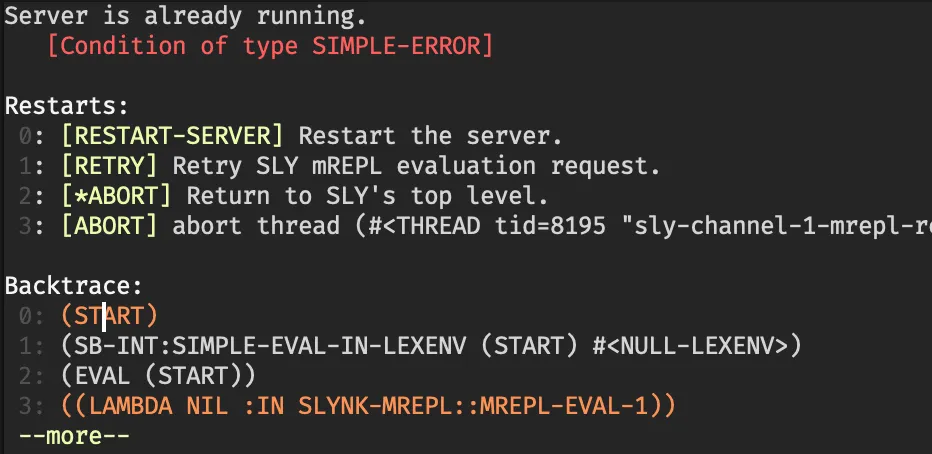 SLY debugger offering a restart when the Common Lisp server is already running