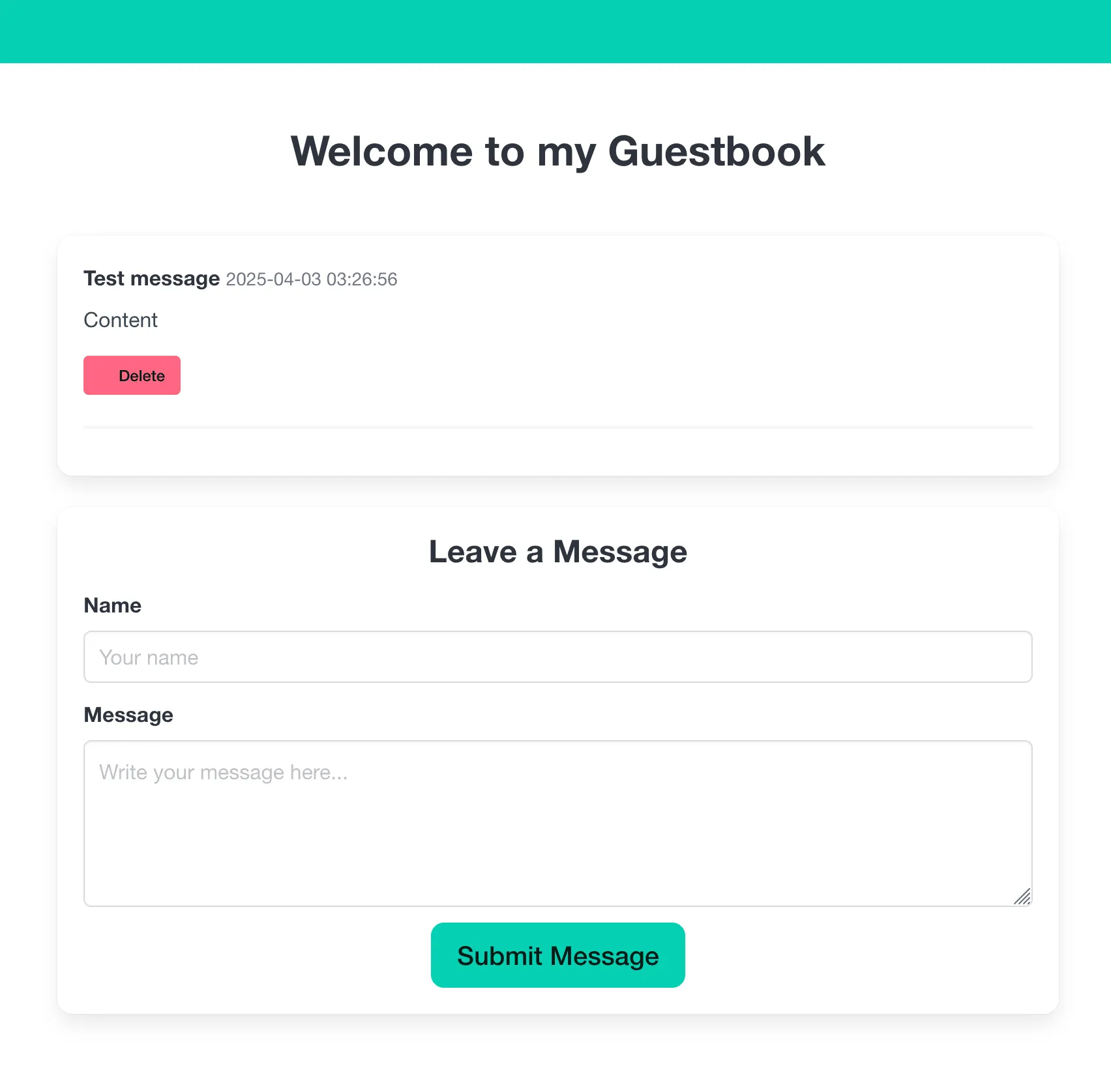 Guestbook showing a test message and the form for adding a new message